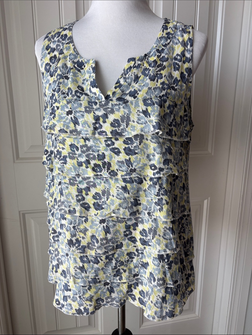 LOFT Yellow and Gray Floral Ruffle Tiered Sleeveless Top
